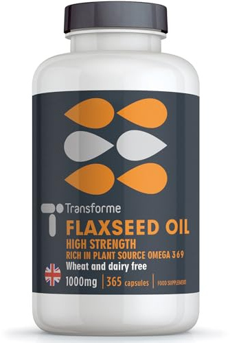 Transforme Flaxseed Oil Capsules 1000mg, Cold Pressed Omega 3 6 9, 365 Softgels, High in Alpha Linolenic, Linoleic & Oleic Acid, 2000mg Serving, Lactose & Gluten Free, 6 Month Supply