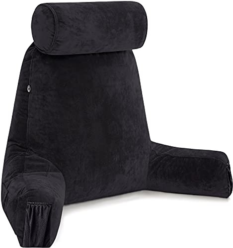 Husband Pillow Medium Reading Pillow with Arms - 23 Backrest for Sitting Up in Bed - Firm Support Bed Rest Pillow for Adults, Neck Roll, Removable Cover - TV, Reading, Lounging - Black