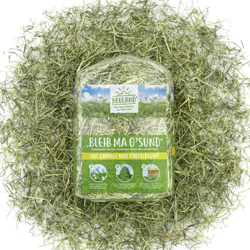 HEULAND® Premium Heu Bleib ma G´sund mit Kamille und Ringelblume (4X 500g) Frisches Bergwiesenheu für Kleintiere Kaninchen Hamster Streu Meerschweinchen Futter Nager Zwergkaninchen Hasen 2 Kilo