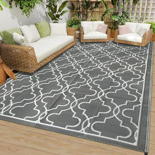 Cekene Outdoor Rugs Waterproof Grey 150x245cm Large Garden Rugs Reversible Camping Mat Lightweight Portable Outdoor Carpet for Garden Picnic Porch Deck Backyard BBQ Beach