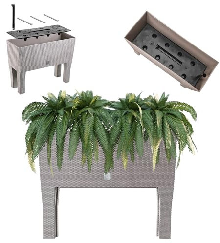 KADAX Blumentopf auf Beinen, Hochbeet aus Kunststoff in 2 Größen, Pflanzkasten in Rattanmotiv, Blumenkasten für Garten, Balkon, Terrasse, Pflanztrog, Kräuterbeet (60cm / beige)