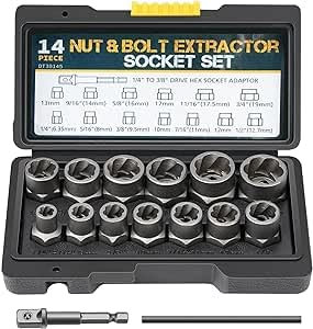 Sukudon 14 PCS Socket Set, Bolt Extractor Set, Locking Wheel Nut Removal Tool, 3/8” Impact Socket Set and Rounded Bolt Remover, Bolt Extractor, Stud Extractor Set