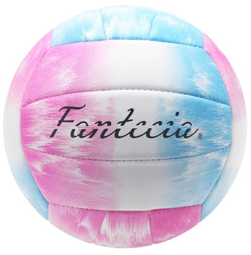 Fantecia Beach Volleyball Size 5 with Pump, Soft Leather Volleyball for Outdoor Indoor Game, Gift for Girls Teenagers Youth Adult (Pink/Blue)