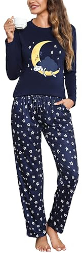 Aseniza Pijama Mujer Invierno Algodón Conjunto de Pijamas Largo Manga Larga Ropa de Dormir 2 Piezas con Bolsillo Azul Oscuro,L