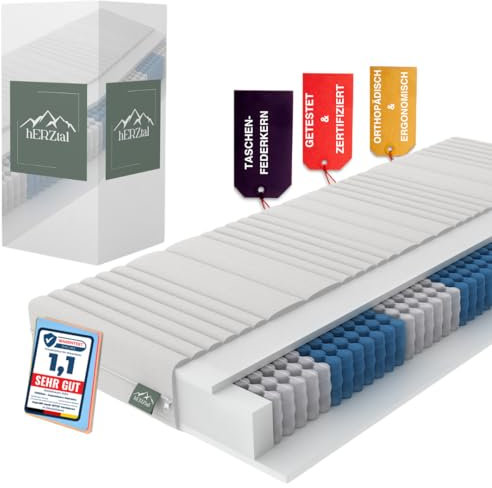 hERZtal Federkernmatratze 160x200 - Ergonomische Taschenfederkernmatratze - 7 Zonen Matratze - Härtegrade H2/H3 - Oeko-TEX Zertifiziert - Waschbarer Bezug - Atmungsaktiv - Höhe 16 cm