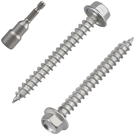 #12 x 2-1/2 Flanged Hex Head Fiberboard Wood Screws 25-Pack, 410 Stainless Steel Rust-Resistant Screws for Furniture & Wood Working Projects, Hex Bit Included