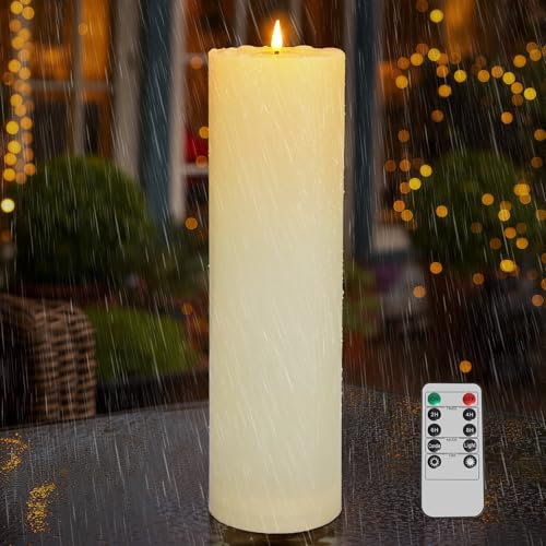 Kimjo 10CM x 35CM Candele LED Grandi Senza Fiamma per Esterni Impermeabili - Candele LED a Fiamma in Vera Cera Bianco Avorio con Funzione Timer Telecomando - Tremolante 500+ Ore di Batteria