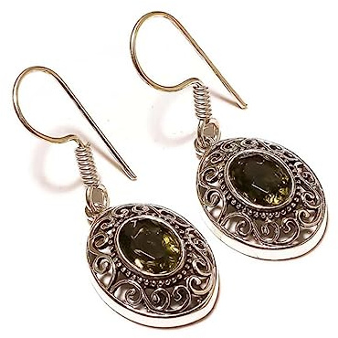 Natürlicher Rauchquarz, Cabochon, ovaler Edelstein, oxidiert, handgefertigt, graviert, Hängeohrringe, Schmuck, Januar-Geburtsstein, Geschenk für sie, braune Ohrringe