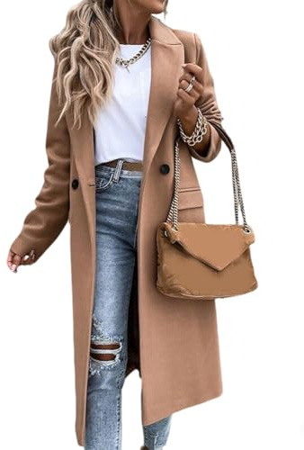 IDEALSANXUN Womens Long Wool Coats Fall Winter Notch Lapel Dressy Peacoat Jackets, Camel, Large