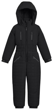 One Piece Warm Ski Suit for Boys Girls Lightweight Ski Overalls Waterproof Winter Hooded Jumpsuits Kids Snowboard Suit Kids Girls Thick Warm Snowmobile Ski Suits (Black, 9-10 Years)