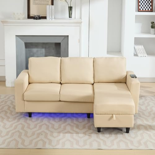 LANTRO JS L Shaped Sofa with LED Light Strip, 3 Seater Sofas with Charging Ports and Side Pockets, Convertible Settee Chaise Lounge Sofa with Storage, Beige