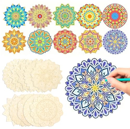 HICOHAND Juego de pintura de mandala, 10 piezas de borde decorativo de madera sin terminar para pintar, adorno de mandala de madera para adultos, para relajarse, pintar, manualidades, decoración del