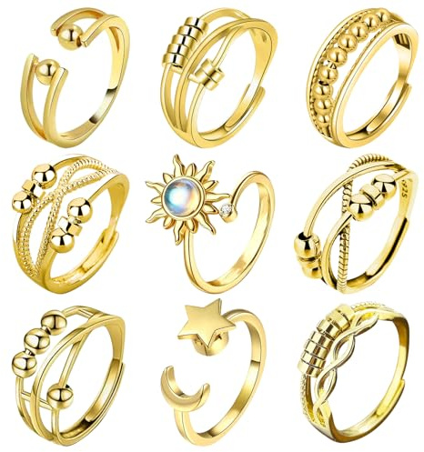 MLPKOI 9 Anello Antistress per Donna, Anelli Spinner Con Perline, Regolabile Aperto Fidget Ring, Impilabili Anelli Antistress, Anellos Aperto Regolabile per Ragazze Adolescenti, Donna di Ansia, Oro