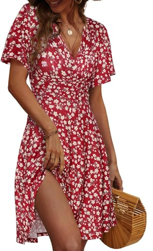 LIAMERHE Robe Été Femme Courte à Col en V - Robe Portefeuille Imprimé Floral Manches Courtes/sans Manches Robe Bohème Chic et Élégante pour Mariage Invitée Vacances Plage