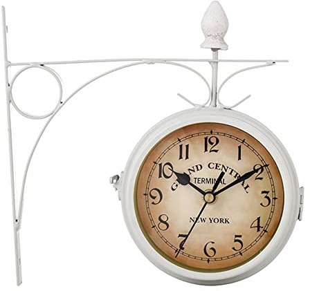 Agmoctz Colgante de la Pared Redondo de Hierro, Reloj de EstacióN Retro de Dos Caras de Doble Cara, Candelabro Redondo, Reloj Colgante de la Pared, DecoracióN del Hogar