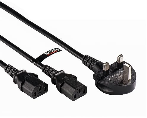 rhinocables UK Plug to Dual C13 Power Splitter – IEC Kettle Cable for PC Towers, Dual-Screen Monitors, Servers & Media Devices | 3-Pin Fused Lead for Tidy, Efficient Power Distribution (2m, Pack of 1)