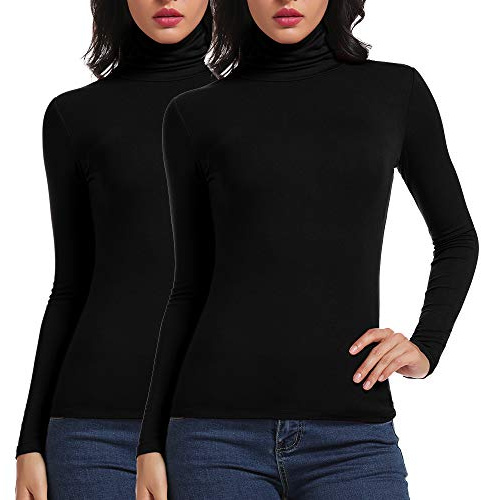 CARCOS 2-Pack Pull col Roulé, Femmes col Montant Hauts Basique à Manches Longues Autumn Hiver Noir Noir 3XL