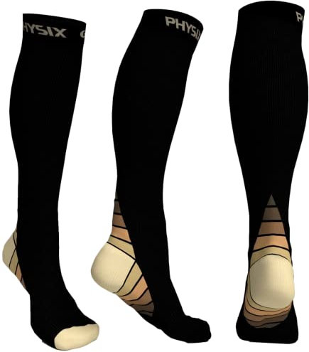 Physix Gear Sport Kompressionsstrümpfe Damen & Herren Stützstrümpfe (20-30mmHg) für Wassereinlagerungen, Flugreisen & Sport Kompressionssocken Langlebige Laufsocken Compression Socks BEIGE S/M