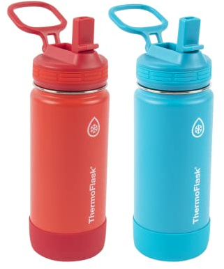 ThermoFlask Kids 16 oz Insulated Water Bottles with Straw Lid BPA-Free Stainless Steel Leakproof & Spill-Proof Design Easy Clean Wide Mouth 2-Pack for School, Sports, Playdates, Red/Blue