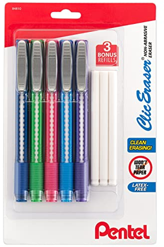 Pentel Clic Retractable Eraser, Assorted Colored Pen Style Grip Erasers, Pack of 5 + 3 Refills