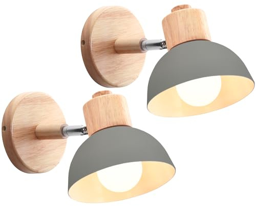iDEGU 2 delar vägglampor modern inomhusvägglampa gjord av trä metall halvcirkel lampskärm E27 justerbar väggspot vintage lampa för sovrum vardagsrum (2 lampor, grå)