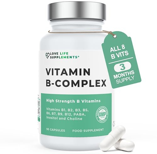 Vitamin B Complex High Strength | 90 Capsules - 90 Day Supply | All 9 B Vitamins B1-B2-B3-B5-B6-B7-B9-B10-B12, Inositol and Choline | Completely Clean - No Fillers | Love Life Supplements