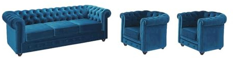 Vente-unique - Canapé 3 Places et 2 fauteuils Chesterfield - Velours Bleu Canard