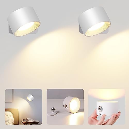 GuKKK Lámpara LED de pared para interiores, paquete de 2 lámparas LED de pared con batería, lámpara de pared interior con puerto de carga USB, luz de pared giratoria de 360°, control táctil, 3 niveles