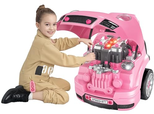 HOMCOM Kids Truck Engine Toy Set Toddler Educational Car Service Station w/RC Car Key Steering Wheel Horn Light, Mechanic Gifts for Ages 3-5 Years - Pink