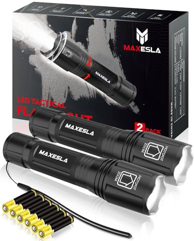Maxesla LED Taschenlampe, 3000 Lumen Extrem Hell LED Taschenlampen, Zoombare Camping Handlampe mit 5 Modi, Batteriebetrieben,Wasserdichte Flashlight für Camping, Outdoor, Wandern, Angeln, 2 Stück