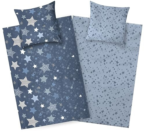 Aminata Kids Ropa de cama infantil de franela de algodón, 135 x 200 cm, diseño de estrellas, color azul, para niñas y niños, 2 piezas, cálido y suave, juego de ropa de cama reversible