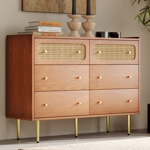 SogesHome Kommode Sideboard Buffets Schubladenkommode Kommode mit 6 Schubladen Rattan Sideboard Highboard für Schlafzimmer & alle Wohnräume