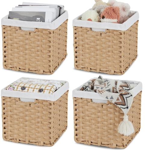 Bidtakay Wicker Storage Baskets with Liners 11x11 Storage Cube Bins with Handles Imitation Water Hyacinth 4-Pack Waterproof Woven Storage Baskets for Organizing Rattan Baskets Organizer-Natural