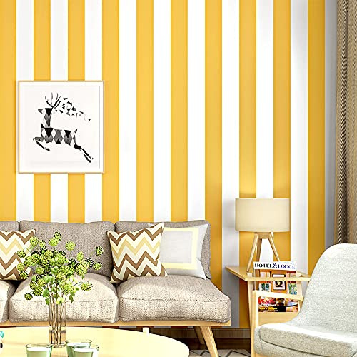 HimYKEA Rollo de papel tapiz moderno minimalista no tejido con rayas verticales para sala de estar, dormitorio, rollo de papel de pared no pegado, blanco y amarillo, 1.73 pies de largo x 32.8 pulgadas