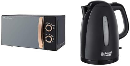 Russell Hobbs RHM1727RG 17 Litre 700 W Rose Gold Solo Microwave with 5 Power Levels, 30 Minute Timer & Textures Electric 1.7L Cordless Kettle (Fast Boil 3KW, Black premium plastic, matt