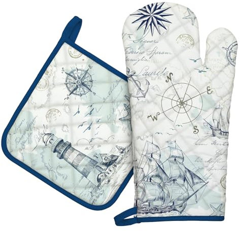 Arquiel Sailing Boat Oven Mitts and Pot Holders -100% Cotton, Heat Resistant Extra Long Oven Gloves & Hot Pads for Cooking BBQ Grilling Baking Gift, Set of 2