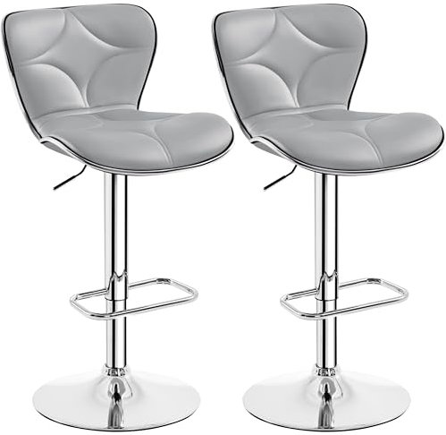 Yaheetech Juego de 2 Taburetes Altos de Bar Diseño Moderno de Cocina Altura Ajustable con Respaldo como Concha de Mar 360° Giratorio Negro (Gris Claro)
