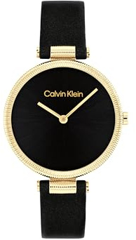 Calvin Klein Zwei-Zeiger-Quarzwerk-Uhr für Damen Kollektion Gleam mit Schwarzes Lederarmband - 25100017