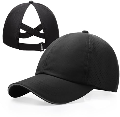 CHUANGLI Girls Criss Cross Ponytail Hat Reflective Lightweight Baseball Cap for Kids Quick Drying Mesh Sports Hat for Age 7-12 Black