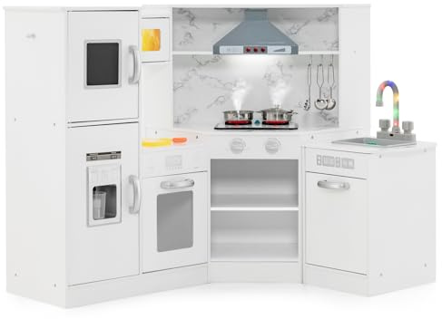 COSTWAY Kids Corner Play Kitchen, Wooden Pretend Toy Kitchen with Separated Washing Basin, Lights and Sounds, Accessory Utensils, Children's Chef Role Play Set for Boys Girls (White)