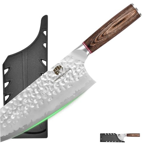 FULLHI Coltello da cucina a lama martellata con protezione, coltelli da chef antiaderenti, coltello giapponese con manico in legno Pakka, coltelli da cucina in acciaio inox con fodero (197mm)