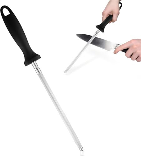 Mumjooyi Fusil à Aiguiser Aiguiseur de Couteaux en Acier Aiguiseur Couteaux Professionnel pour Affuter Les Couteaux Acier au carbone de 8 Pouces avec Trous de Suspension (A)