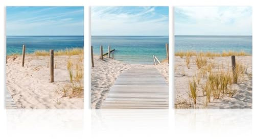 Dazzlewall 3 Stück Strand Leinwand Bilder, Blauer Himmel Meer Wand Kunstdrucke, Costa Strand Wandbilder für Badezimmer Schlafzimmer Wohnzimmer Dekor 30x40 cm Ungerahmt