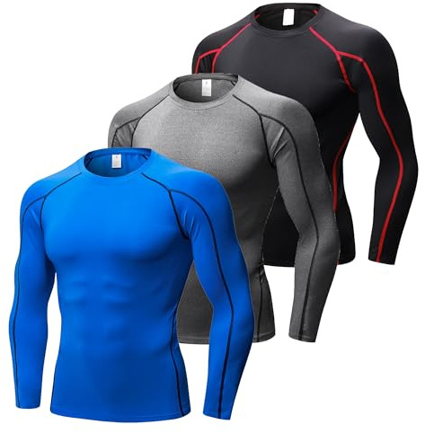 YUSHOW Pack de 3 Camiseta de Compresión Hombre Manga Larga, Ropa Deportiva Térmica Ligera y Transpirable para Running, Gimnasio y Fitness Ciclismo,Negro/Gris/Azul,M