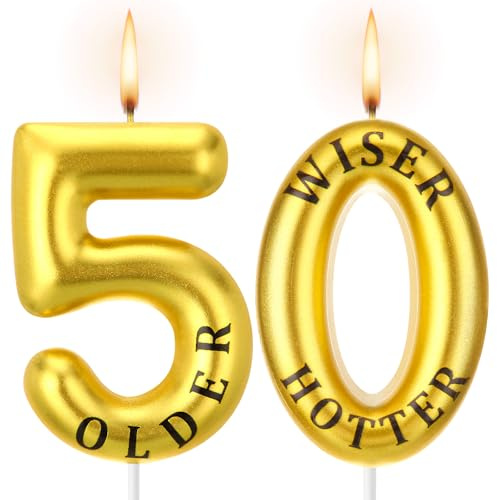 Older Wiser Hotter Funny 30th 40th 50th 60th 70th Birthday Candles Cake Numeral Candles Birthday Candles Golden and Black Cake Candles Topper Birthday Decoration Birthday Celebration Supplies(50th)