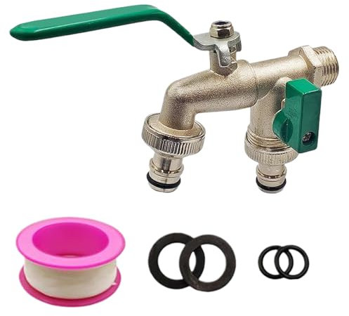 Wezalget Double Garden Tap, 2 Way Splitter Garden Faucet with 1/2 Inch Brass Water Faucet, Outside Double Outlet Faucets for Garden, Household Industry