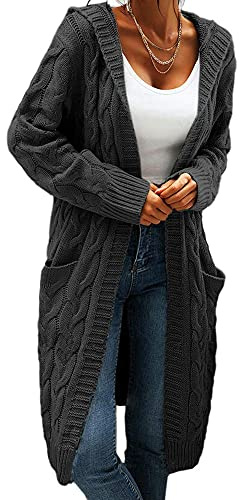 Saodimallsu Women's Hoodied Cardigan Long Sleeve Chunky Knit Pullover Open Front Sweater with Pockets for Autumn and Winter,Deep Grey,L