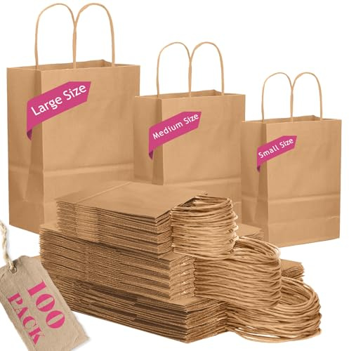 Gcardist Brown Paper Gift Bags with Handles Bulk 100Pcs Assorted Sizes (Large-33Pcs, Medium-33Pcs, Small-34Pcs)