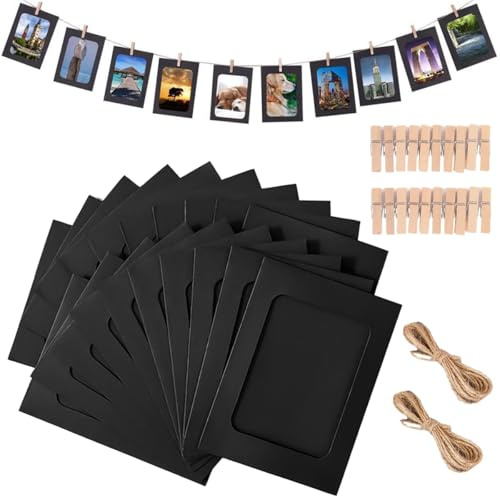 20 Pezzi Cornici di Carta per Foto, 11.4x15.4cm Cornici in Carta Nera, Cornice Portafoto in Kraft, con Clip di Legno e Corda di Canapa, per Foto, Per Casa, Scuola, Ufficio, Feste di Compleanno
