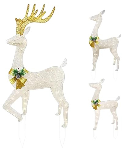 Set di 3 Renne di Natale - Figura di Cervo in Ferro, Renna di Natale con Luci LED da 46 cm | Luci di Renna Natalizia, Decorazione da Esterno | Decorazioni da Giardino e Cortile a Luce Bianca Calda per